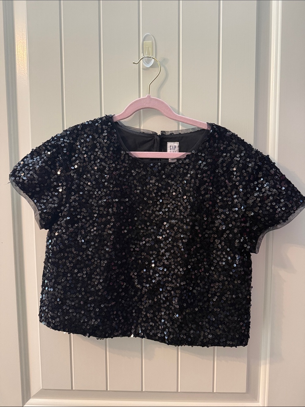 GAP Black Sequin Short Sleeve Crop Top